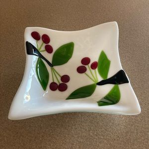 Vintage,Milkglass bowl with embossed cherries,RARE, Christmas vibe